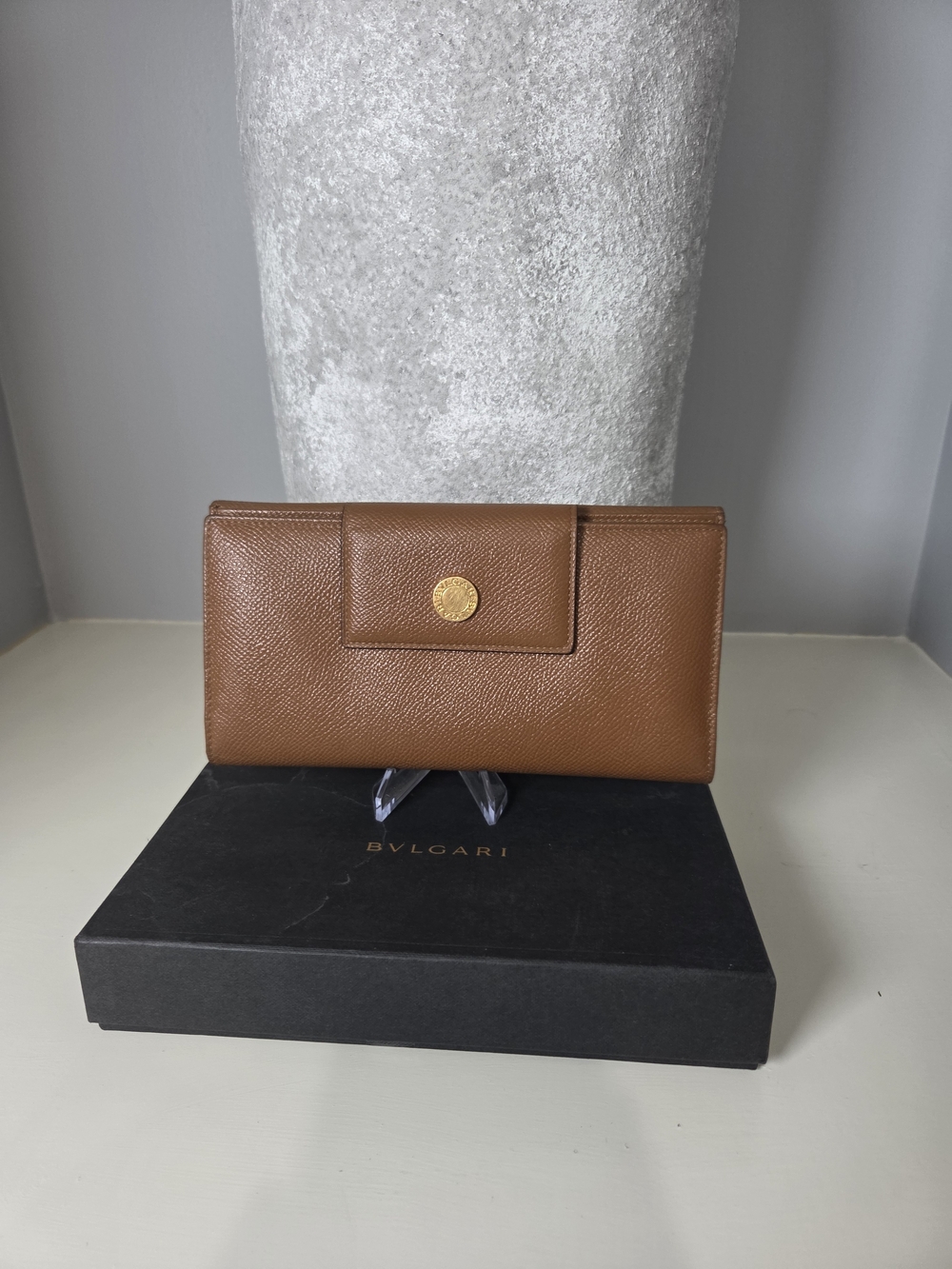 Bulgari Cognac Brown Textured Leather Continental Wallet with Gold Snap